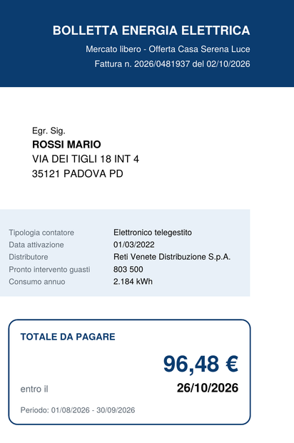La foto di una bolletta della luce: totale da pagare 96,48 euro entro il 26 ottobre 2026.