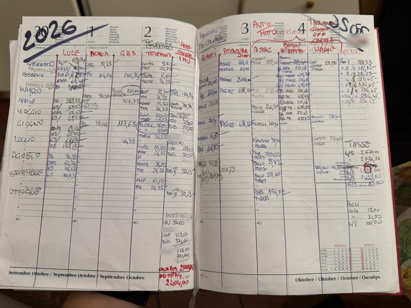Un'agenda aperta con le spese di casa annotate a mano, colonna per colonna: luce, acqua, gas, telefono, condominio e IMU, rifiuti, assicurazioni, auto.